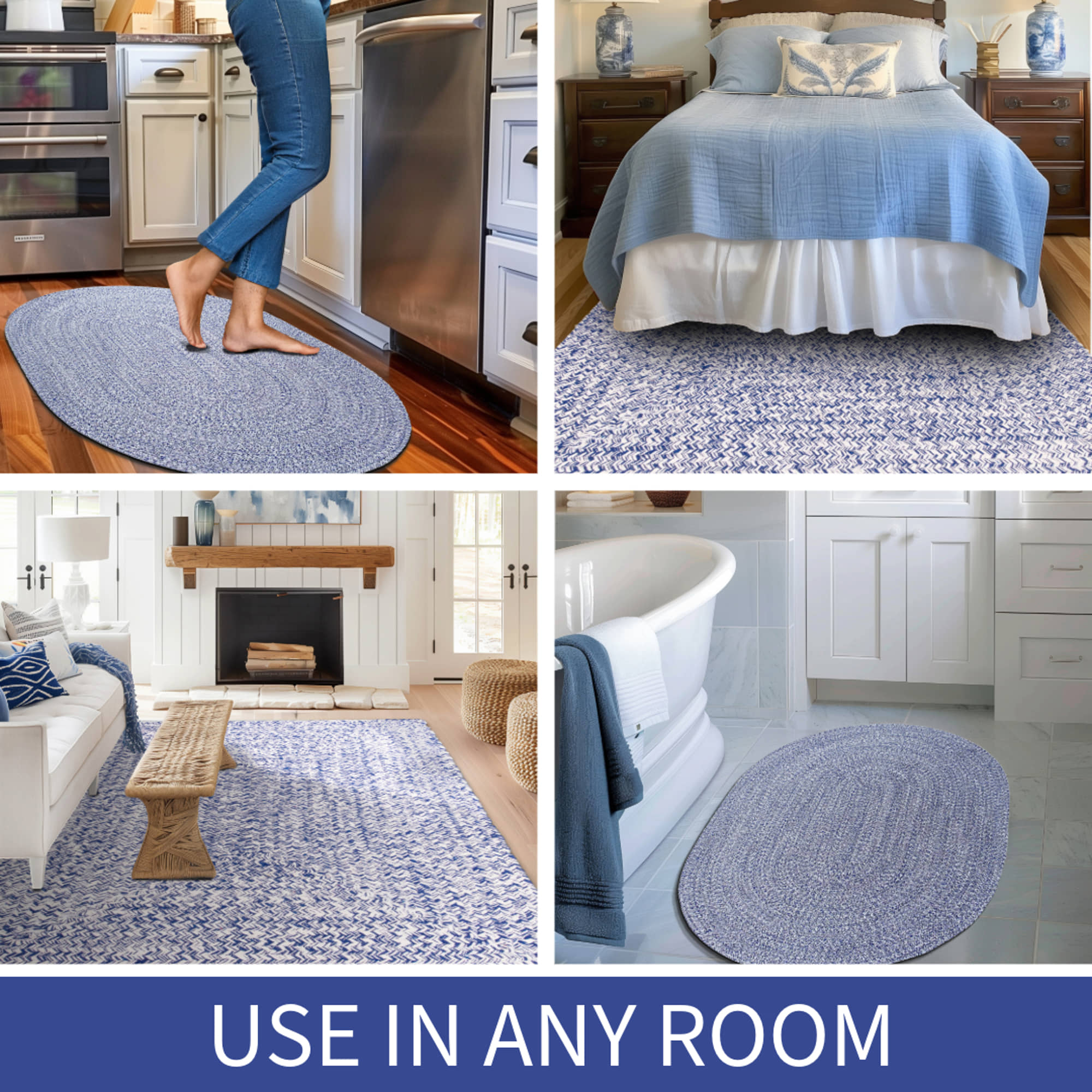 Blue & White Braided Farmhouse Hand Spun Cotton Rug