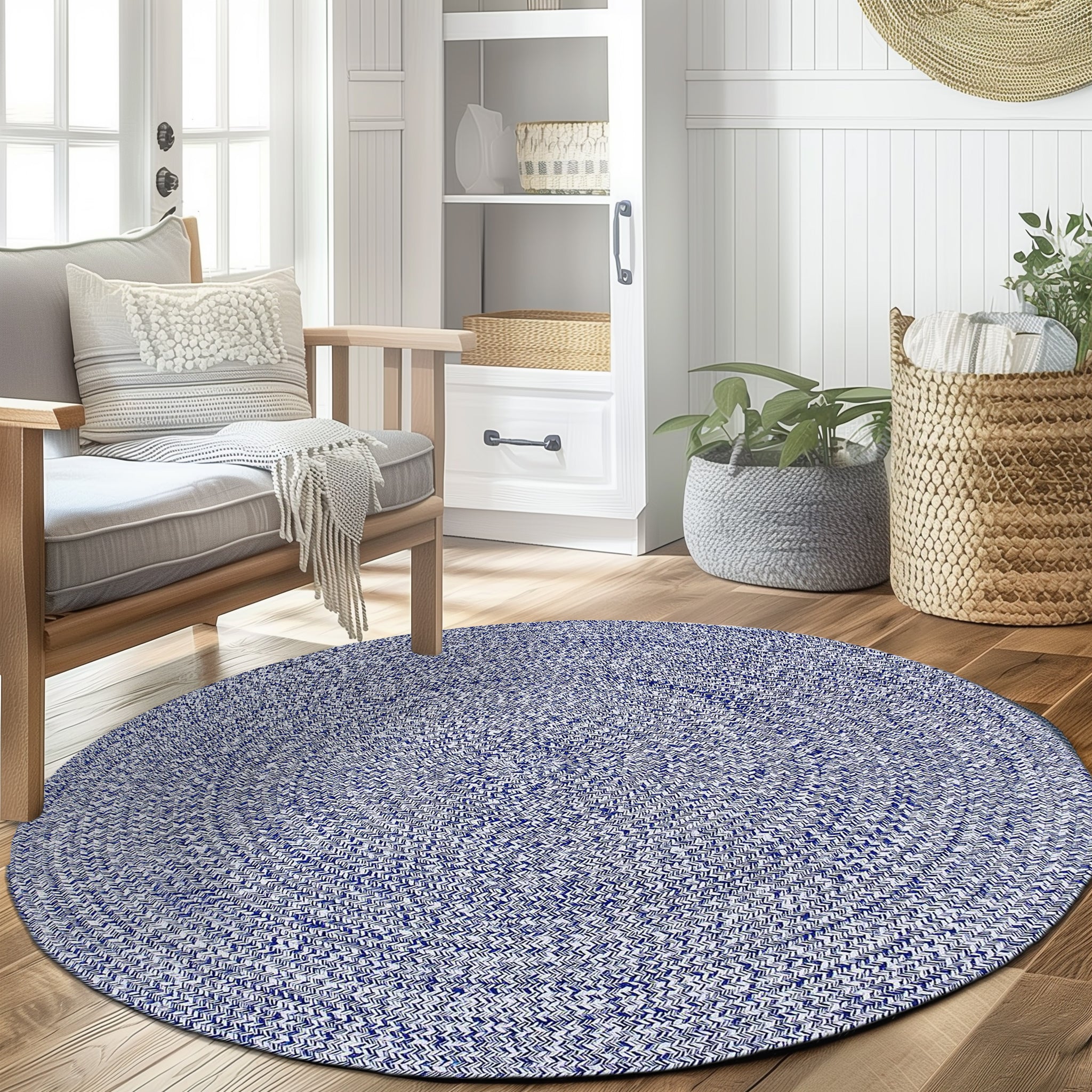 Blue & White Braided Rug Farmhouse Clearance #shape_Round