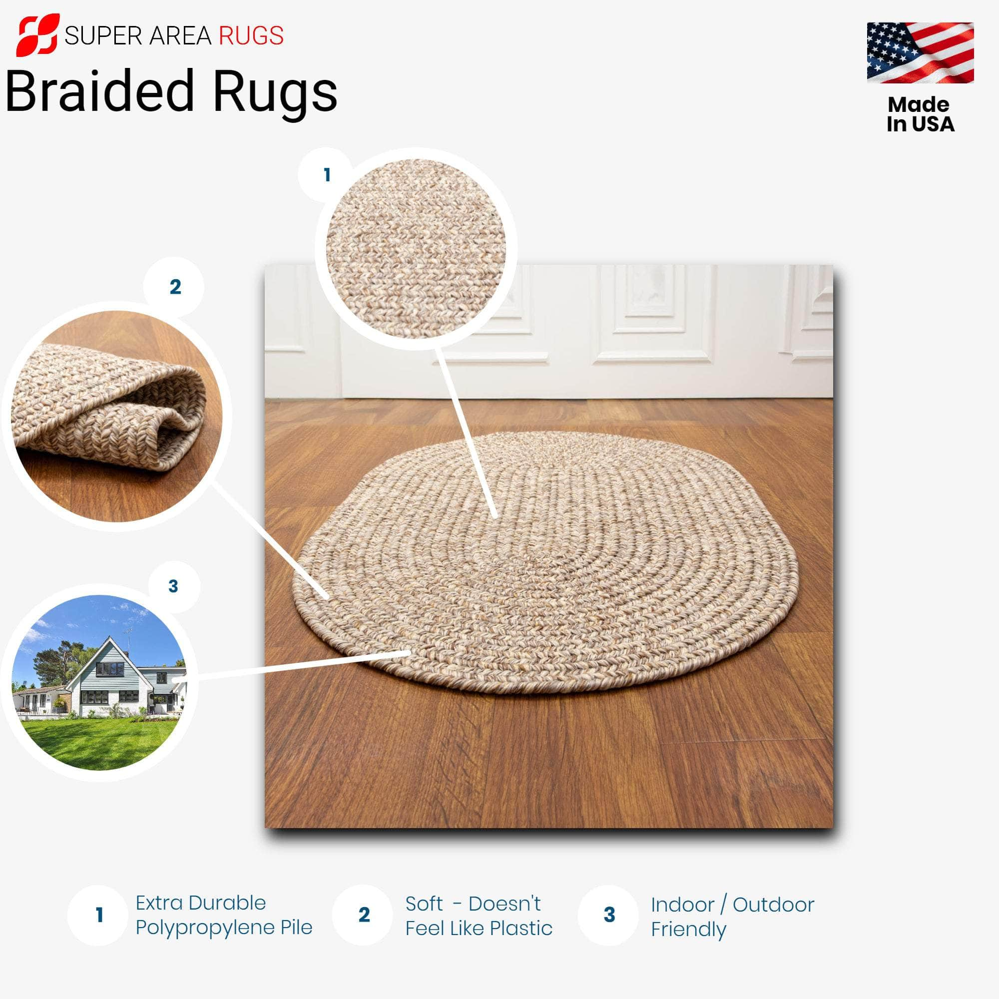 Beige Farmhouse Rug -  Washable Indoor/Outdoor -Primitive Braided Rugs  - Made in USA