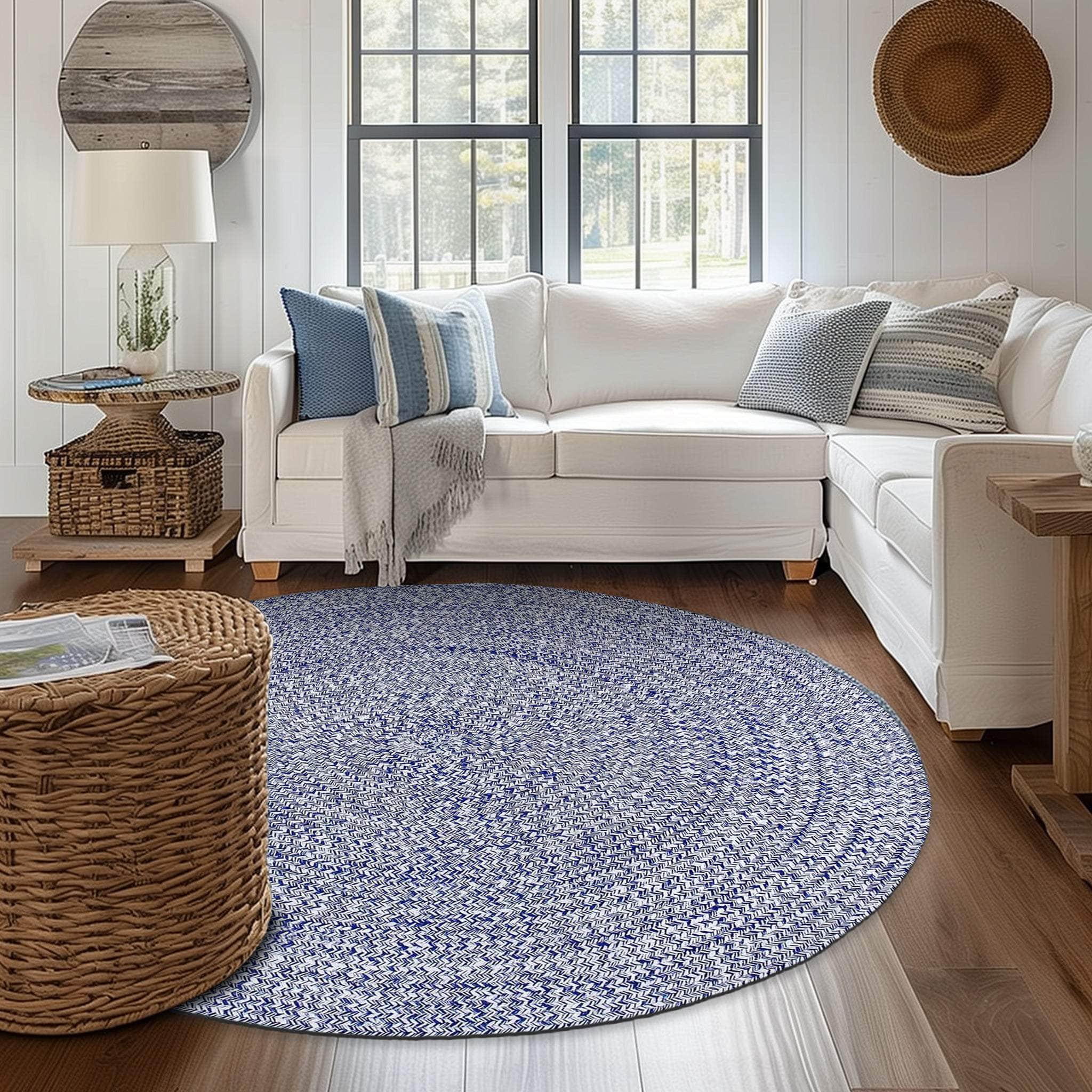 Blue & White Braided Rug Farmhouse Clearance #shape_Round