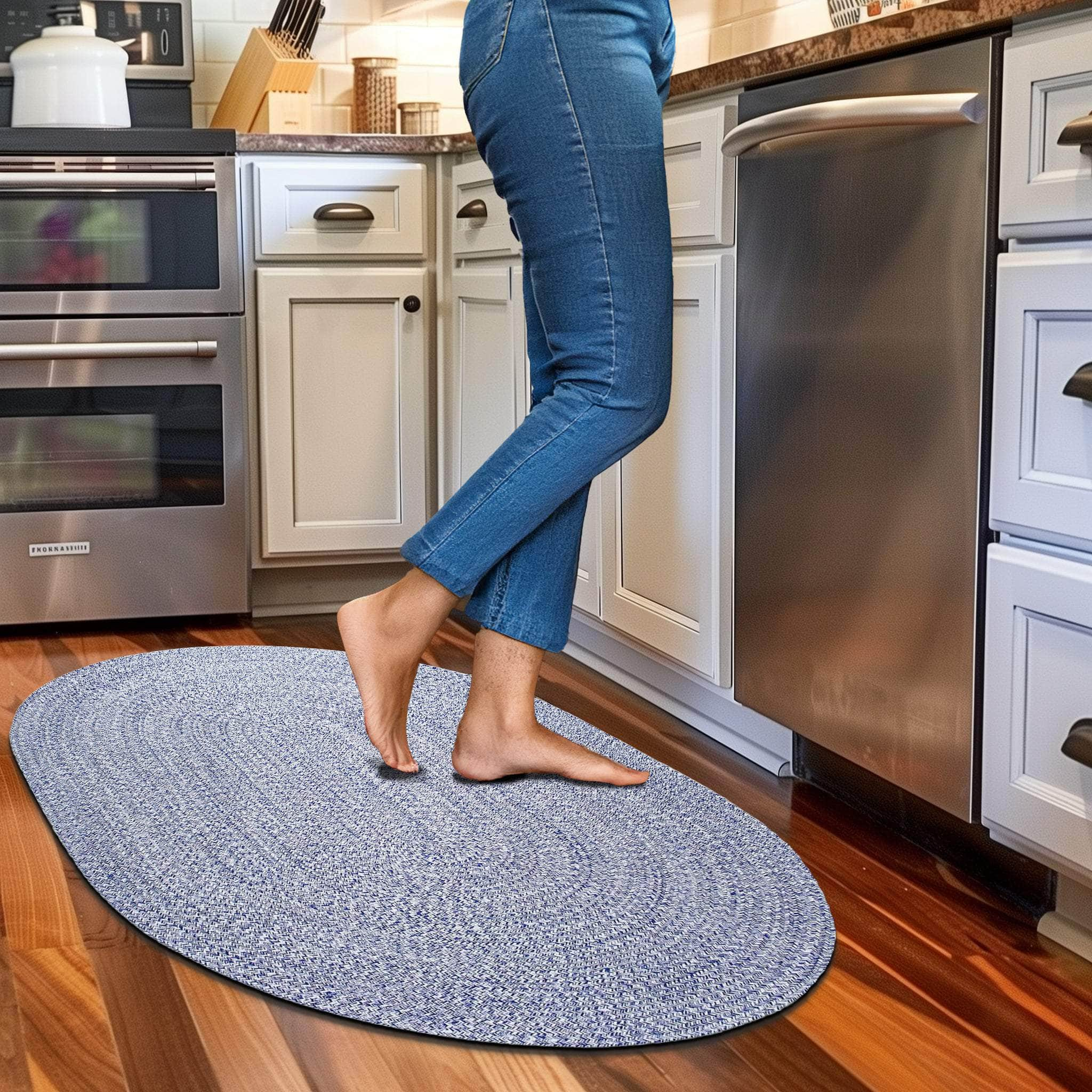 Blue & White Braided Rug Farmhouse Clearance #shape_Oval