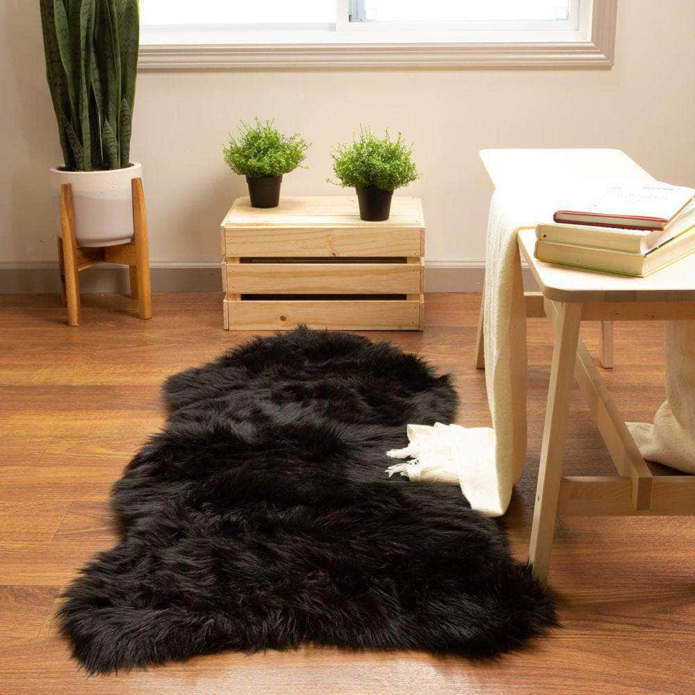 Black Fluffy Faux Fur Shag Rug #color_black