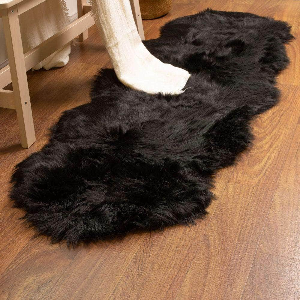 Black Fluffy Faux Fur Shag Rug #color_black