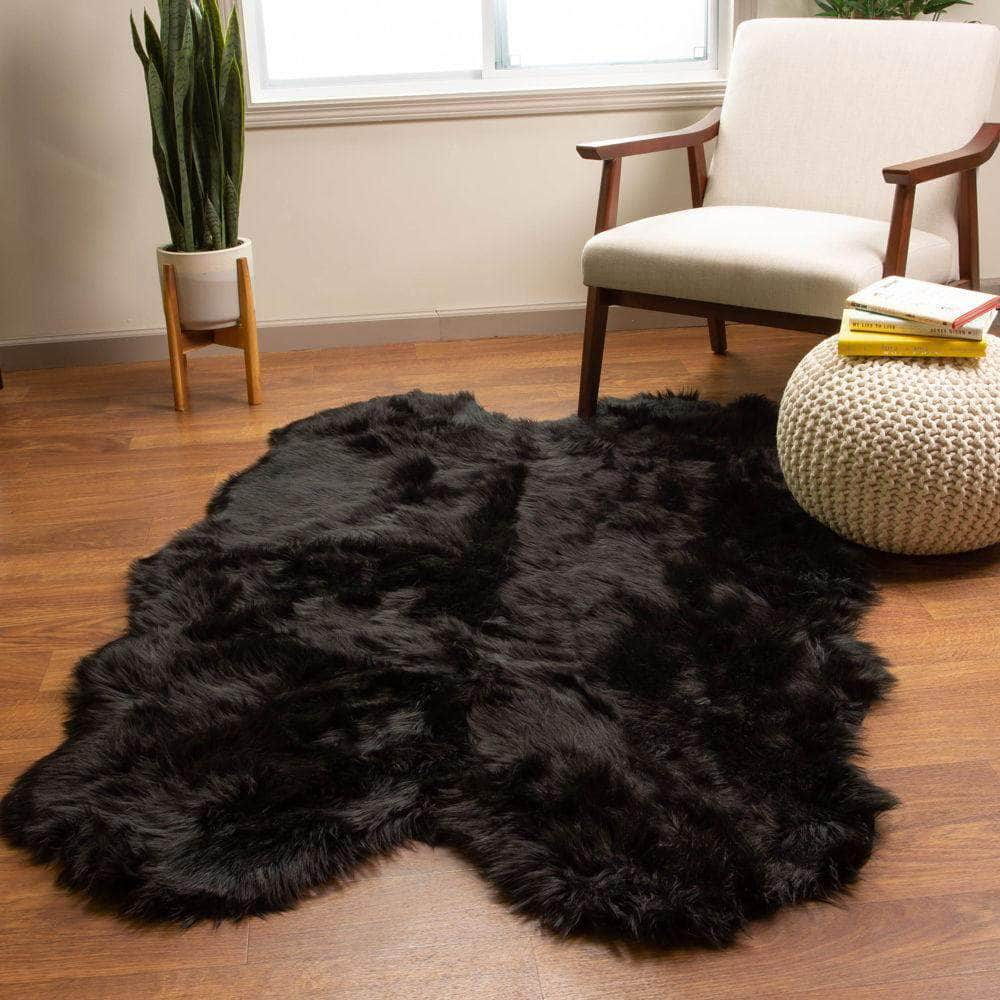 Black Fluffy Faux Fur Shag Rug #color_black