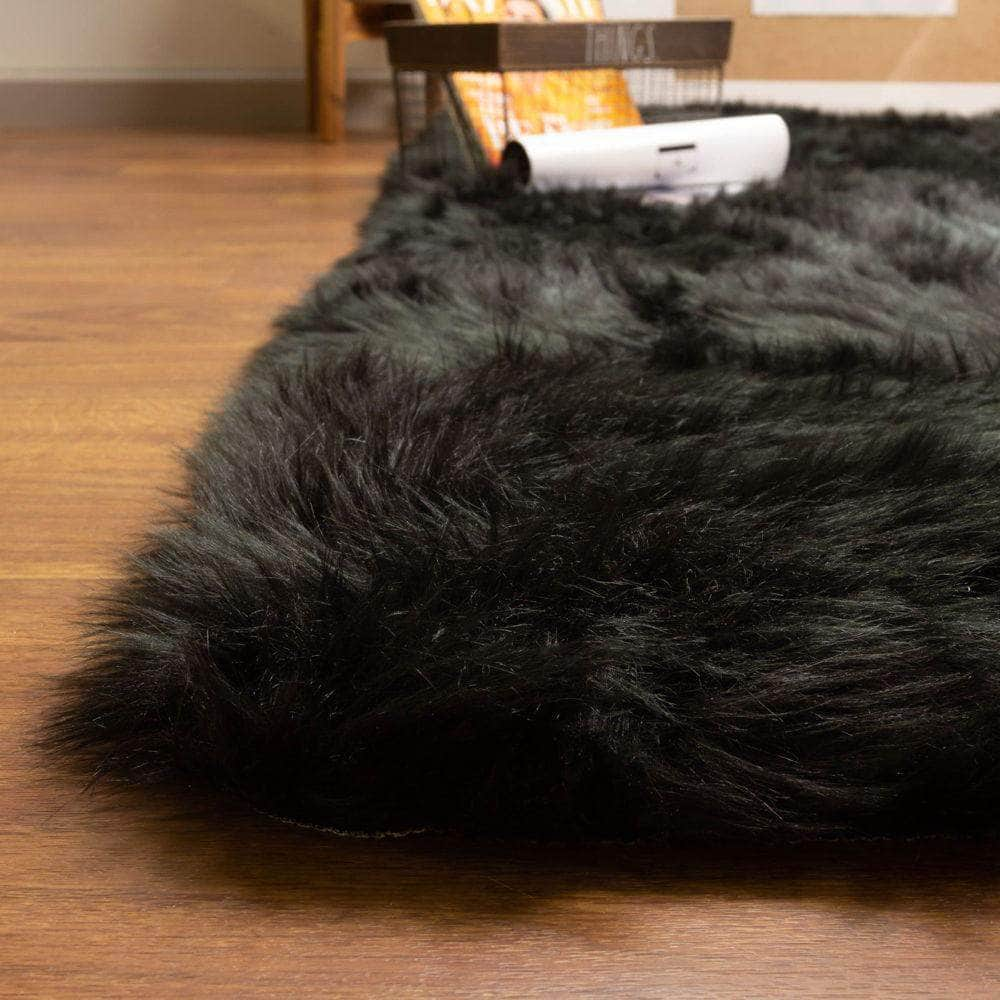 Black Fluffy Faux Fur Shag Rug #color_black