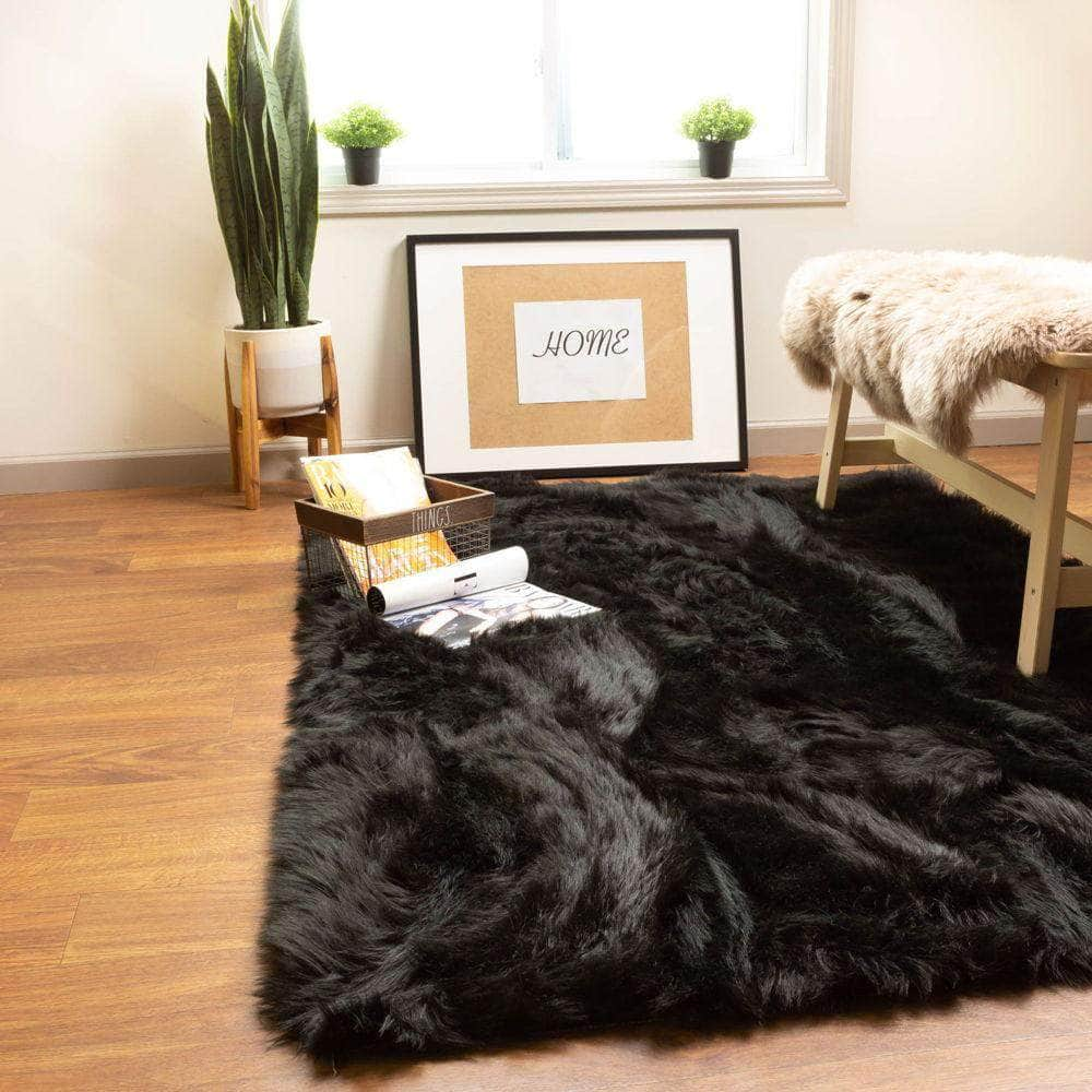 Black Fluffy Faux Fur Shag Rug #color_black