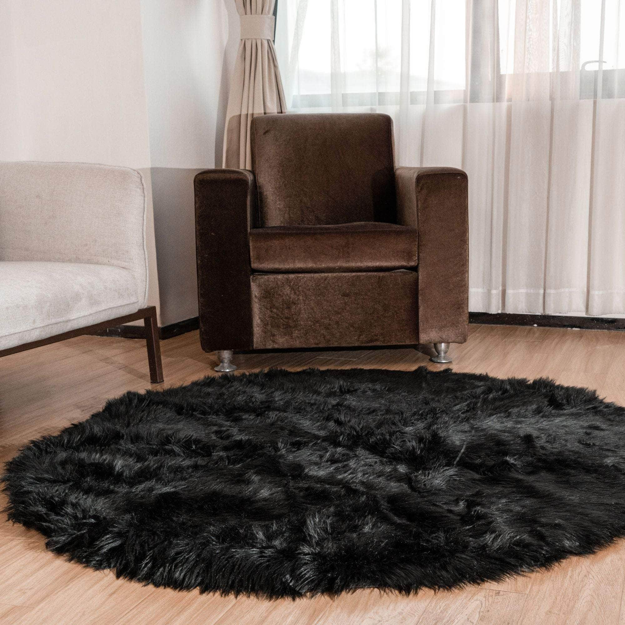 Black Fluffy Faux Fur Shag Rug #color_black