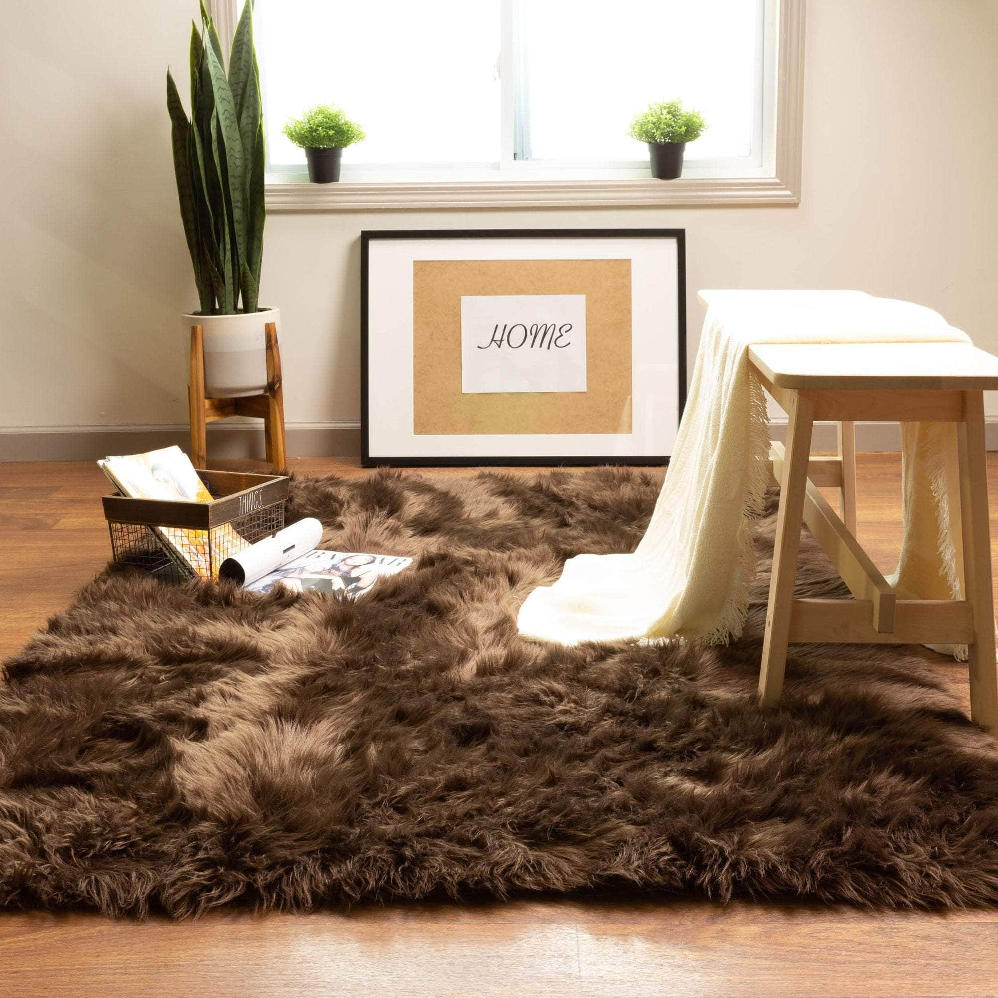 Soft Faux Sheepskin Fur Fluffy Area Rug in Dark Brown #color_dark brown