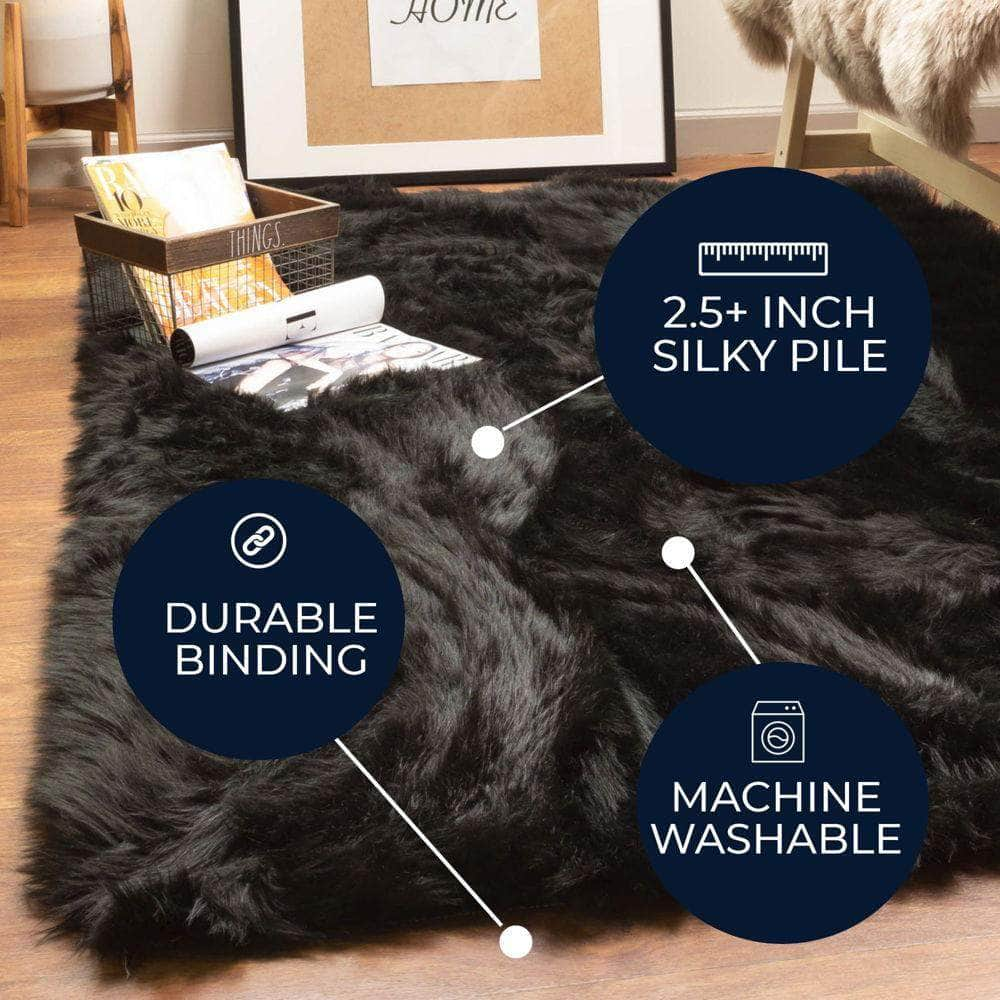 Black Fluffy Faux Fur Shag Rug #color_black