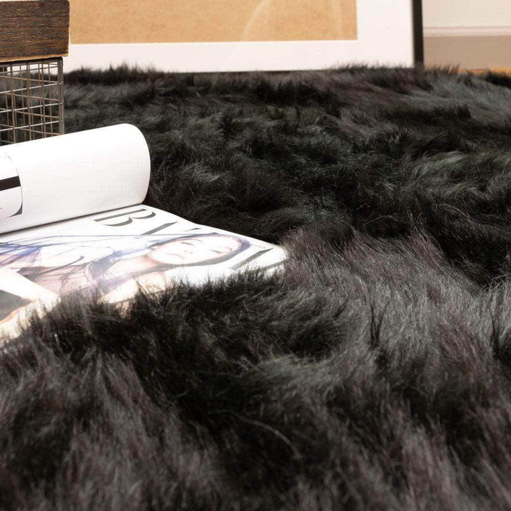 Black Fluffy Faux Fur Shag Rug #color_black