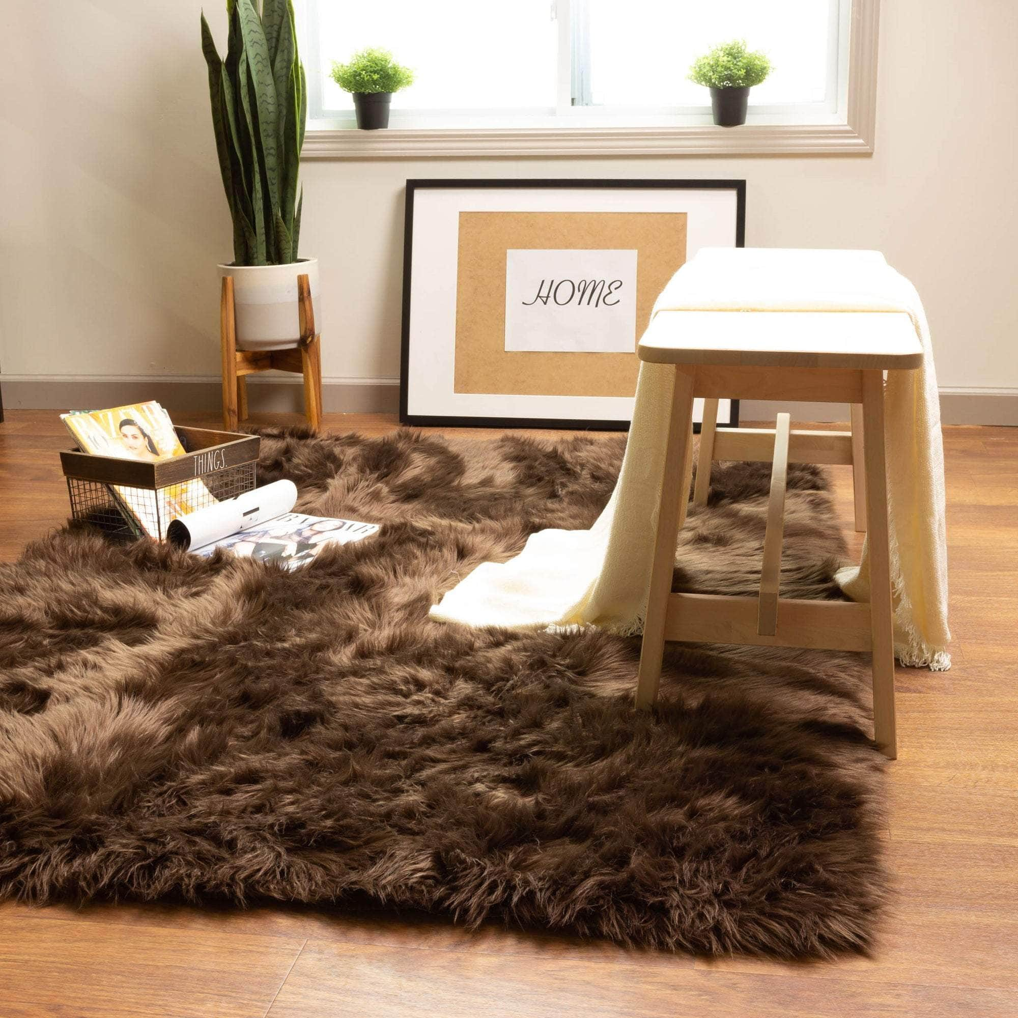 Soft Faux Sheepskin Fur Fluffy Area Rug in Dark Brown #color_dark brown