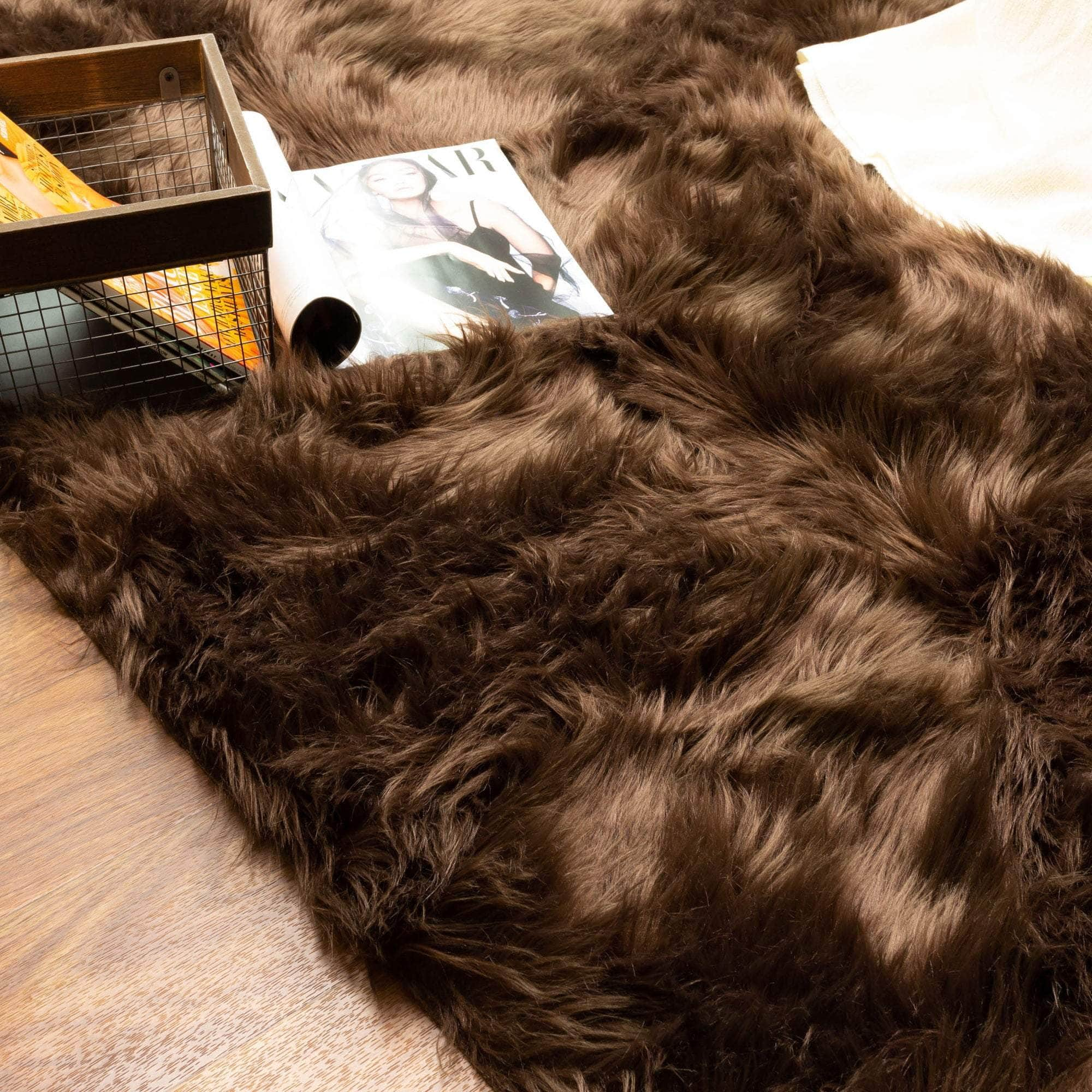 Soft Faux Sheepskin Fur Fluffy Area Rug in Dark Brown #color_dark brown