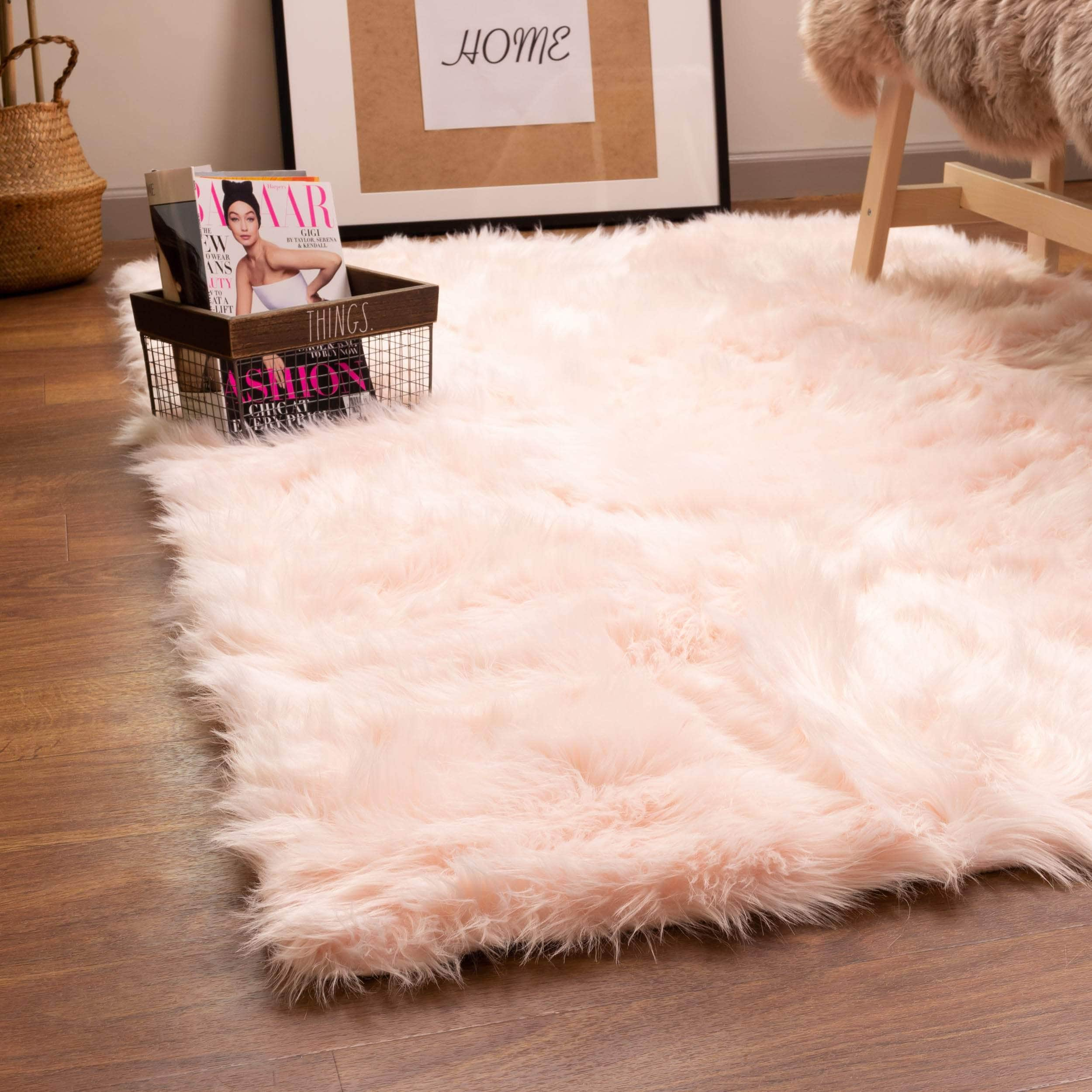 Soft Faux Sheepskin Fur Fluffy Area Rug in Pink #color_pink