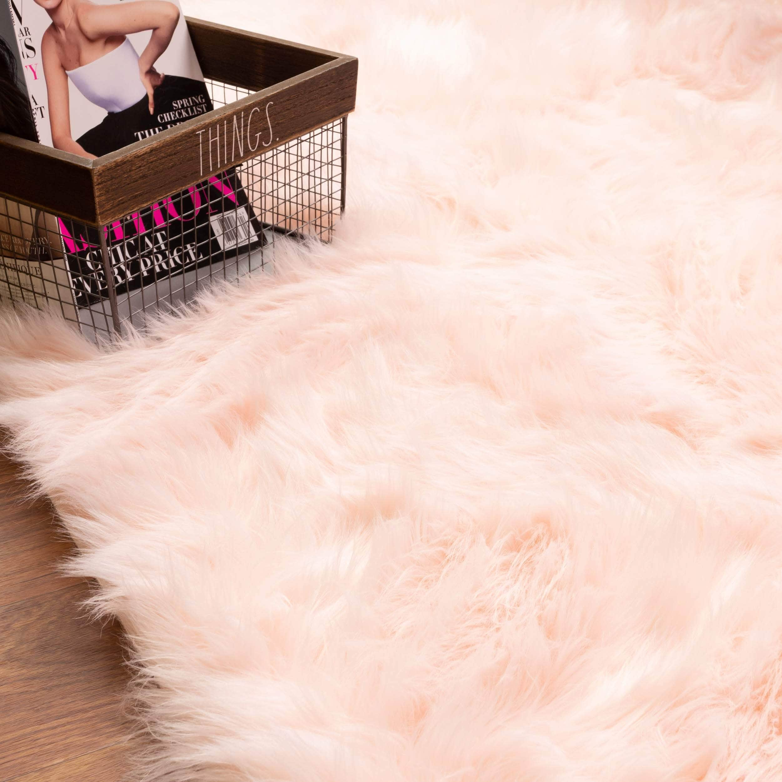 Soft Faux Sheepskin Fur Fluffy Area Rug in Pink #color_pink