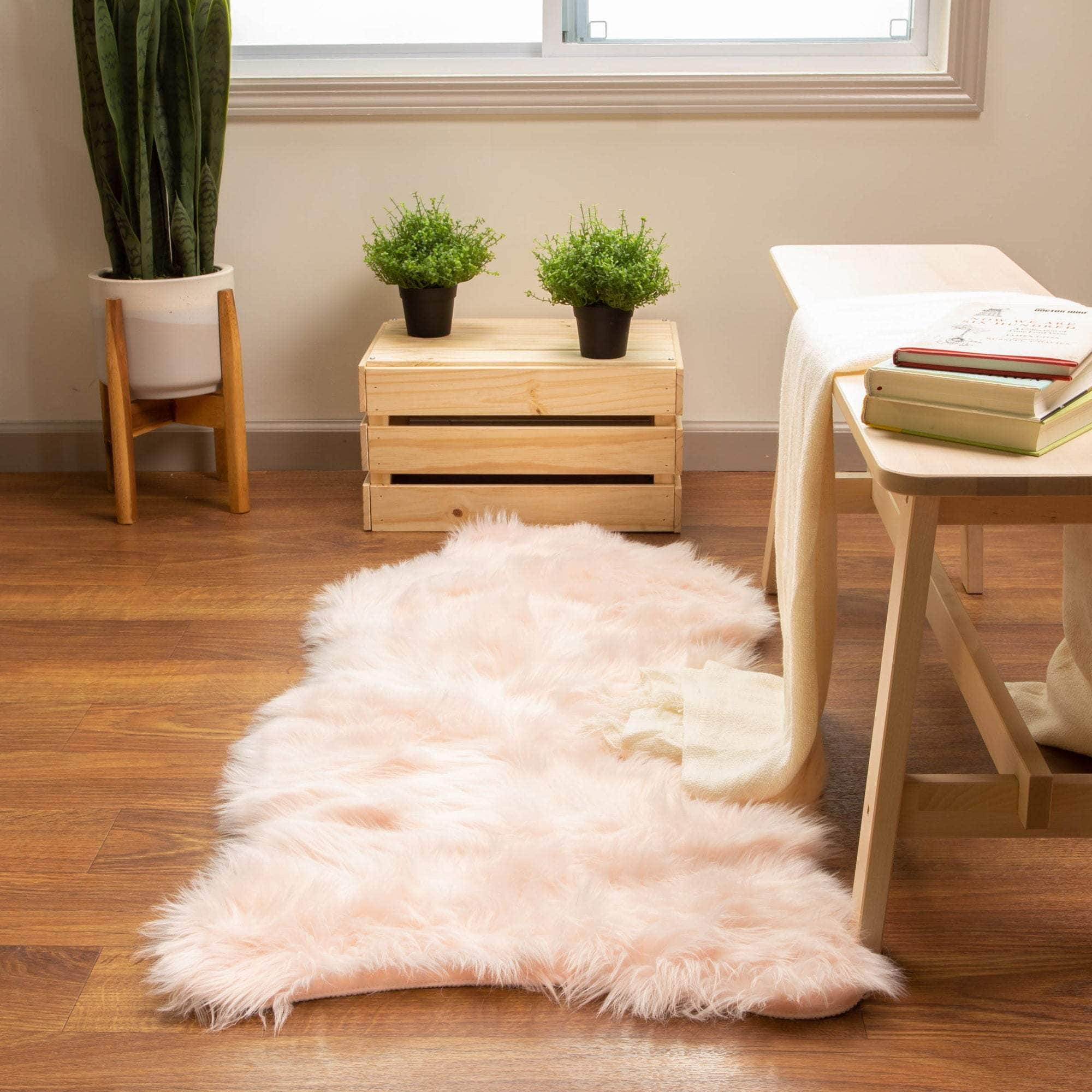 Soft Faux Sheepskin Fur Fluffy Area Rug in Pink #color_pink