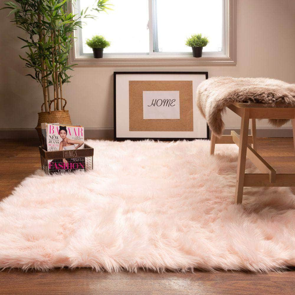 Soft Faux Sheepskin Fur Fluffy Area Rug in Pink #color_pink